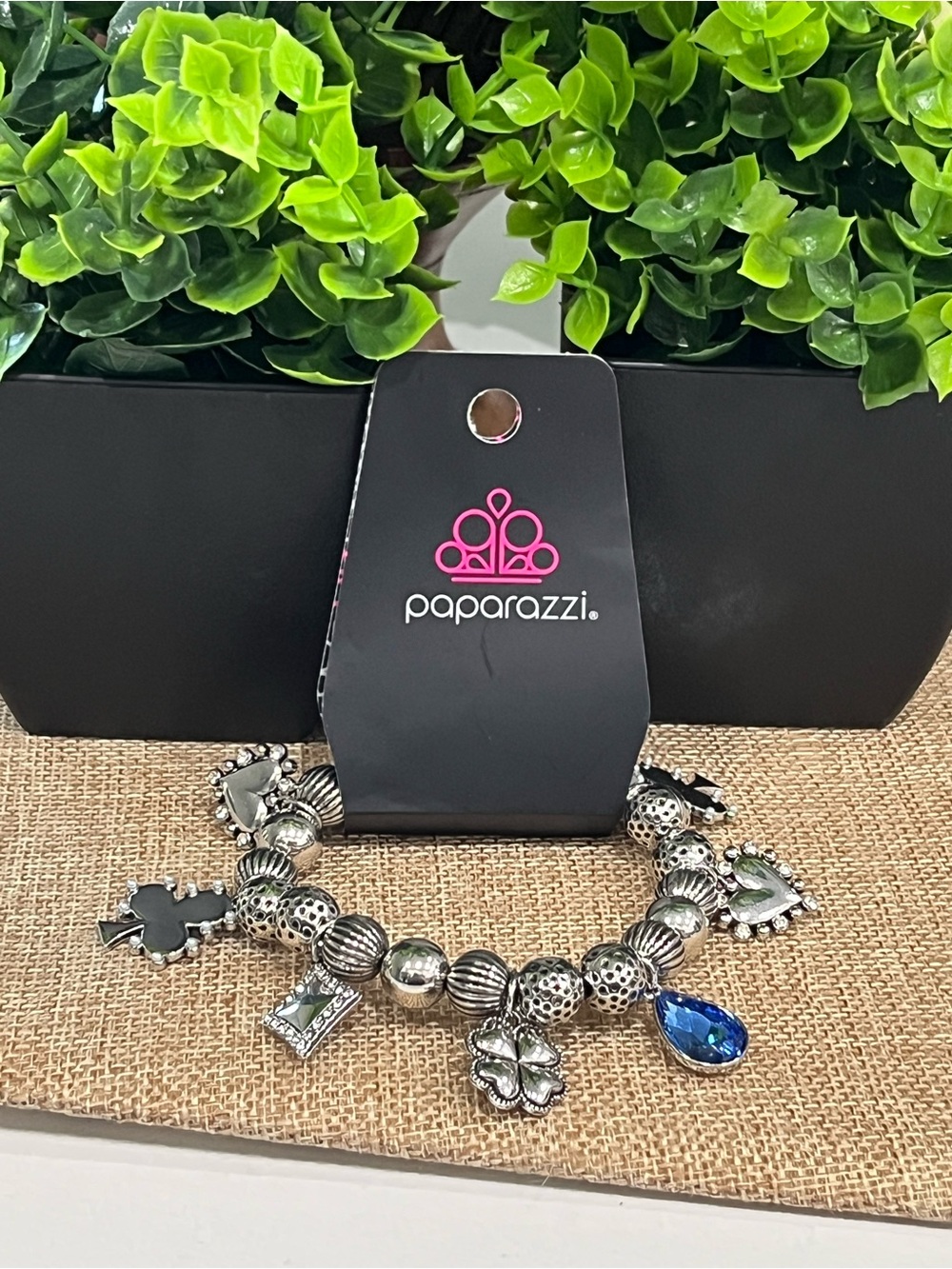 paparazzi Silver-Tone Charm Bracelet with Blue Teardrop and Green Accents